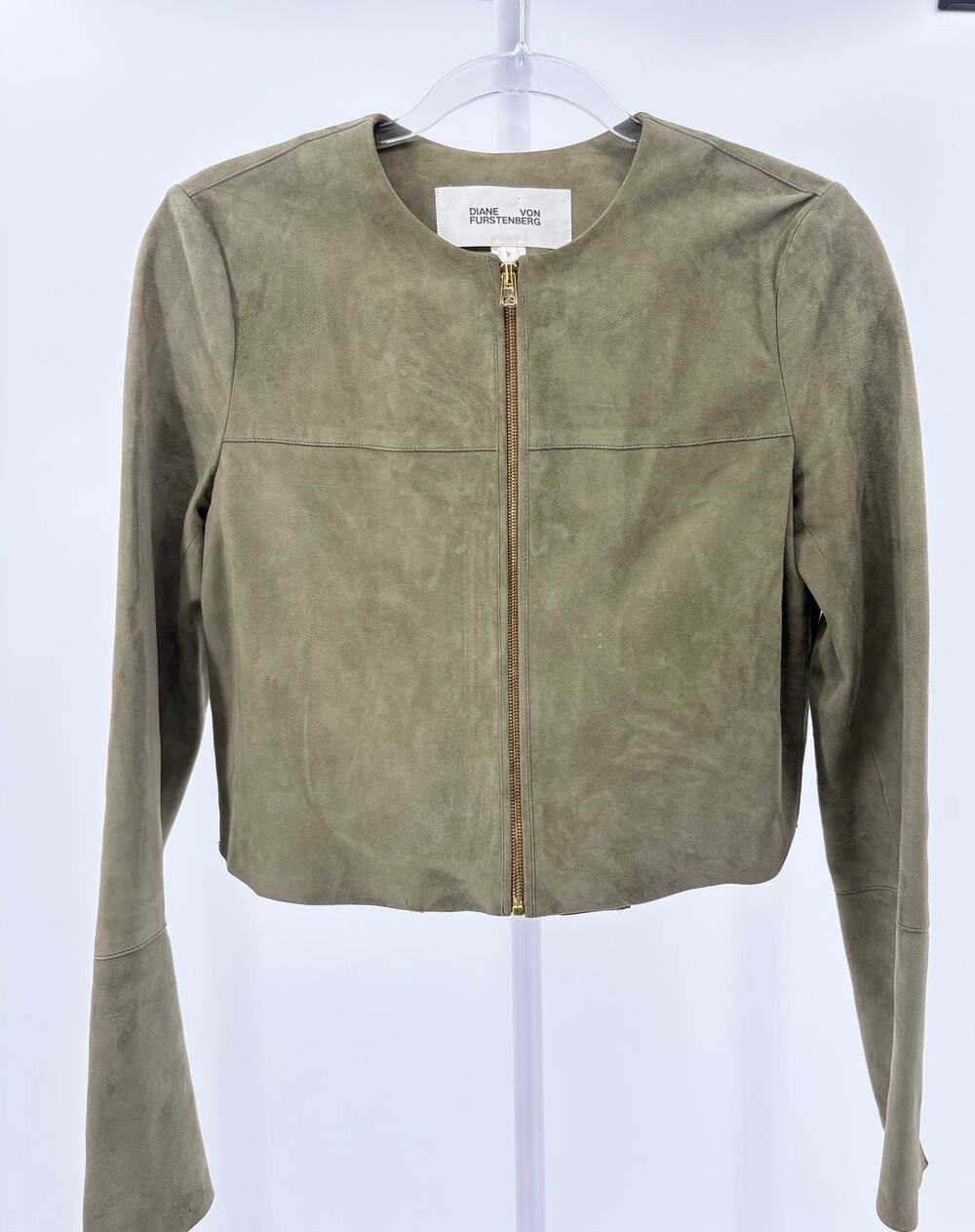 Diane von Furstenberg Khaki Green Suede Collarless Cropped Zip Jacket Size P